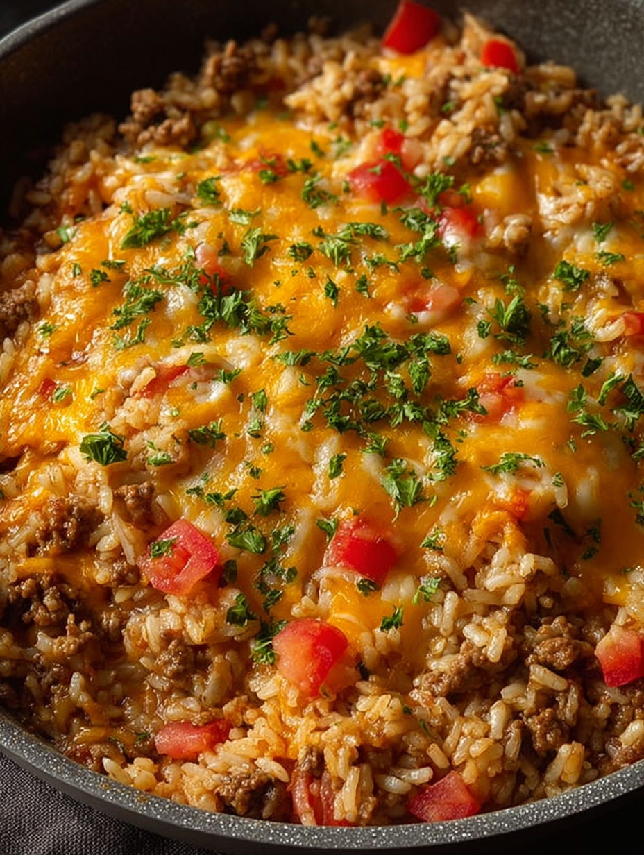 A close up of a cheesy beef enchilada rice dish.