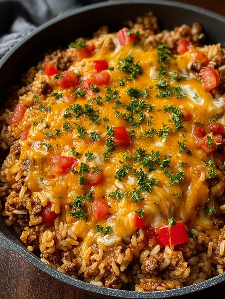 A delicious cheesy beef enchilada rice dish.