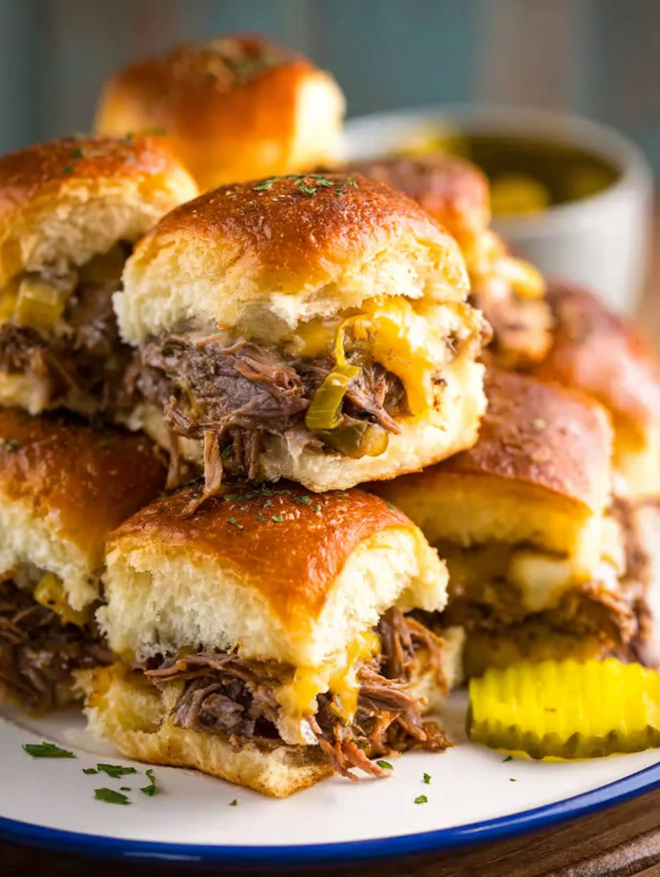 A stack of Mississippi Pot Roast Sliders.