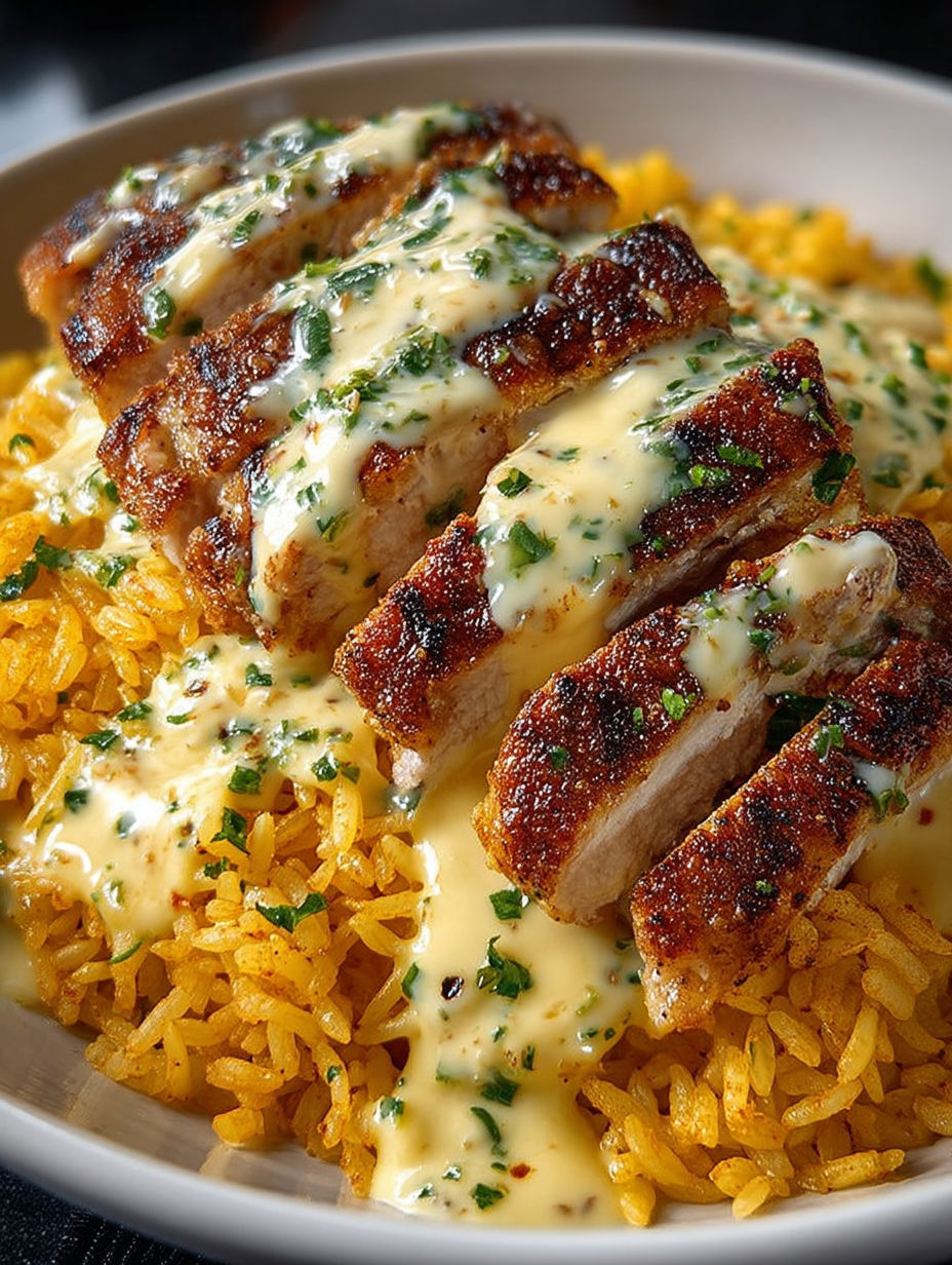 A plate of rice with chicken and cheese on top.
