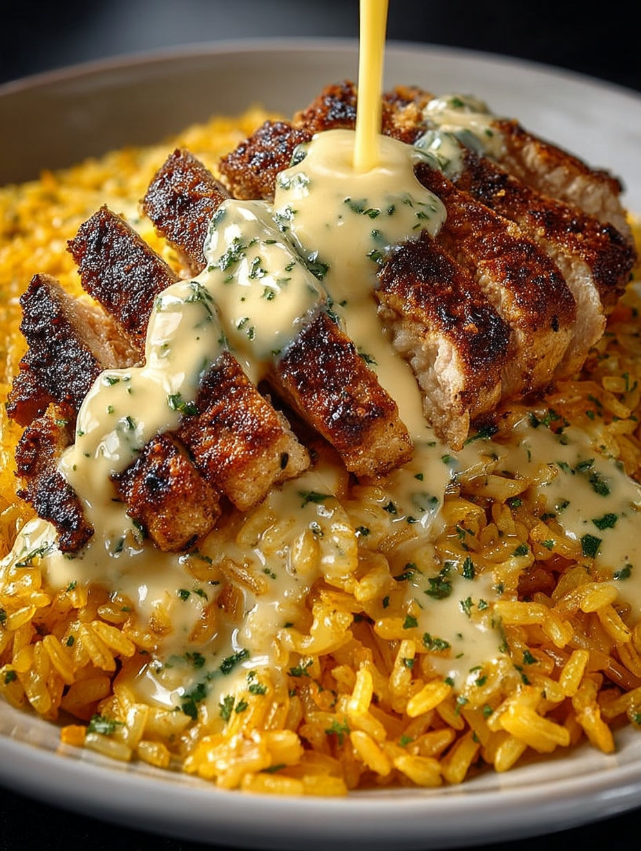 A plate of rice with chicken and cream sauce.