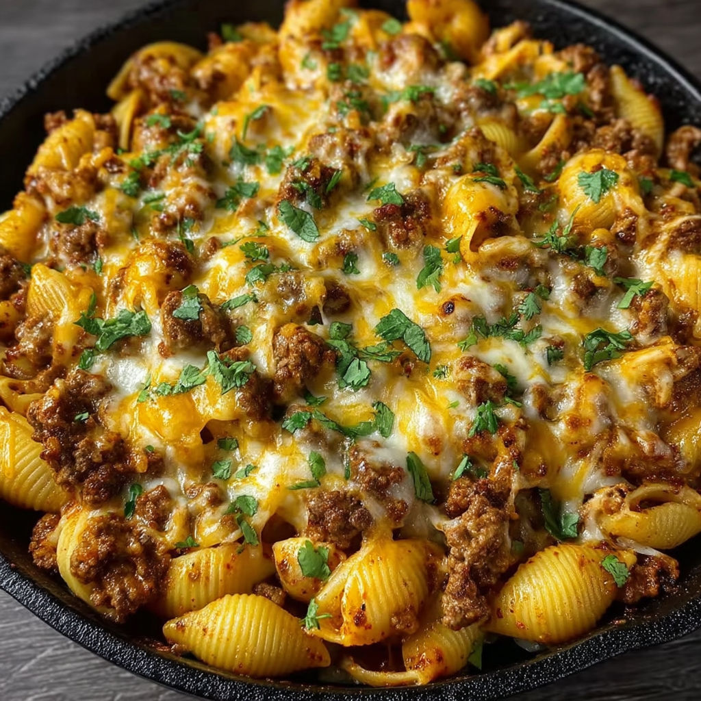 A bowl of cheesy enchilada hamburger helper.