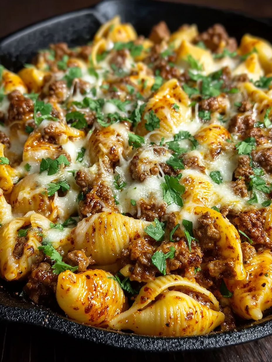 A close up of a cheesy enchilada hamburger helper.