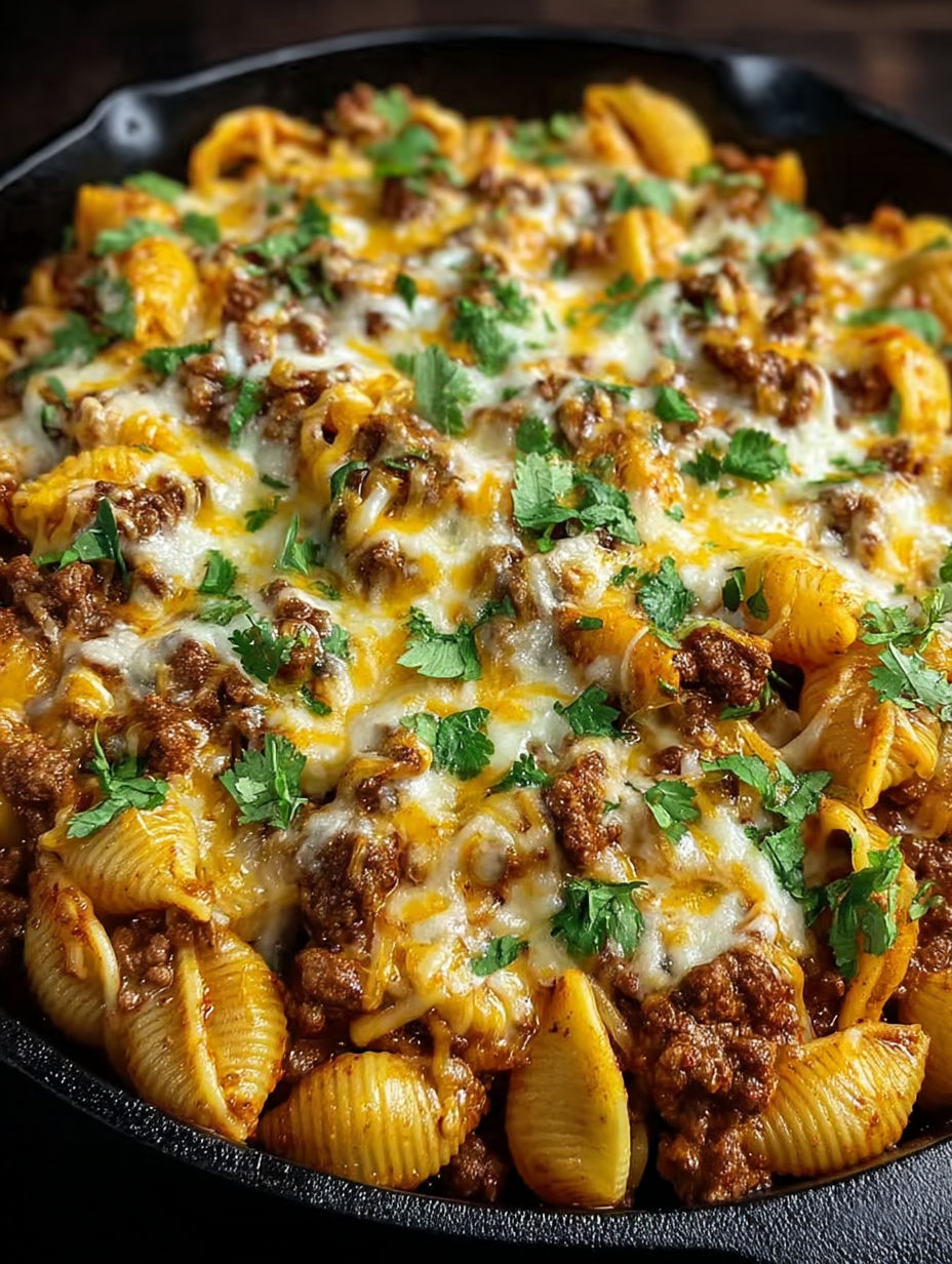 A close up of a cheesy enchilada hamburger helper.