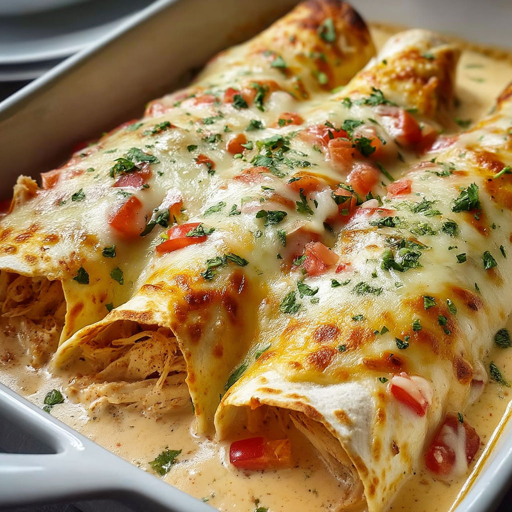 A dish of chicken enchiladas with cheese.