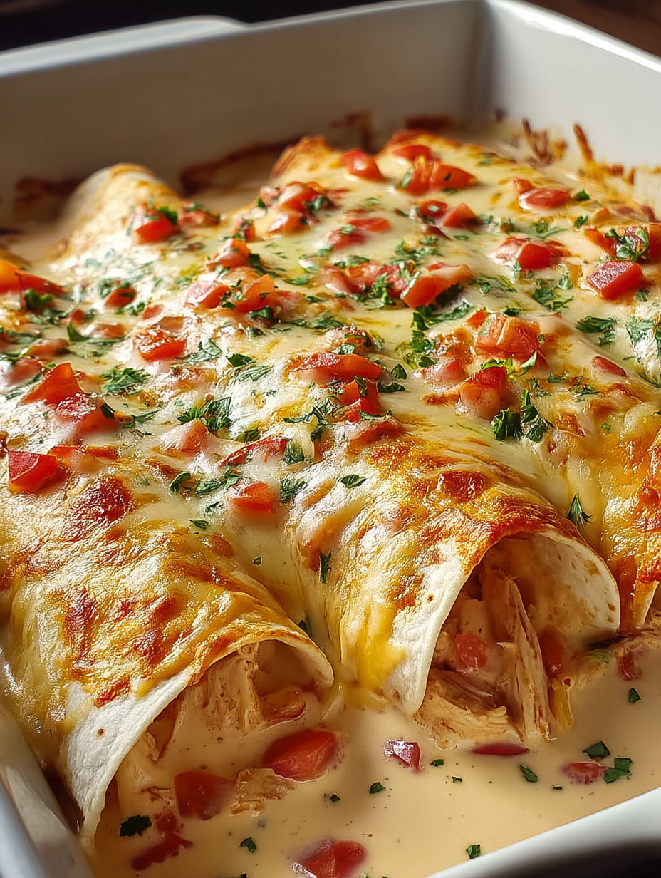 A delicious meal of chicken enchiladas with cheese and tomatoes.