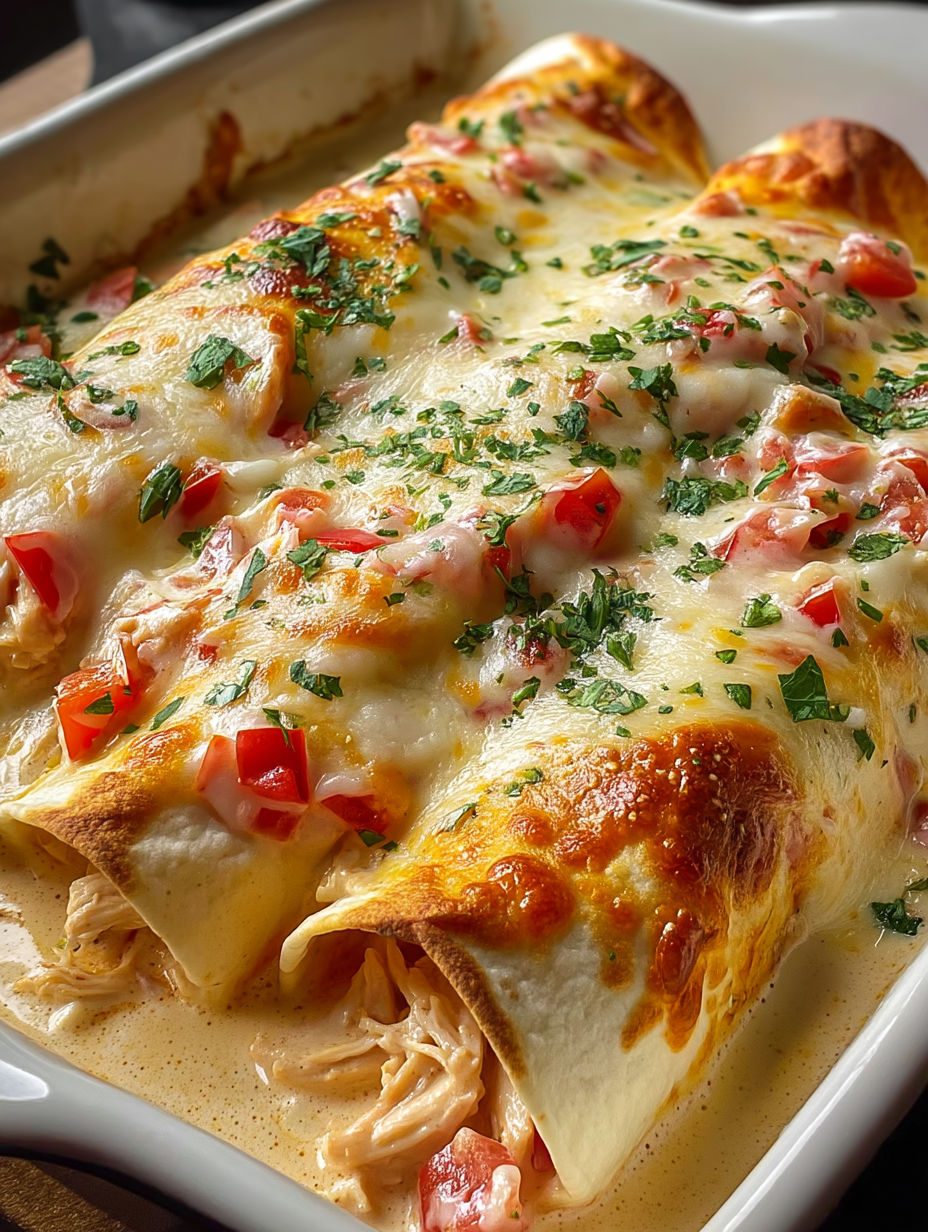 A delicious looking chicken enchilada with cheese and tomatoes.
