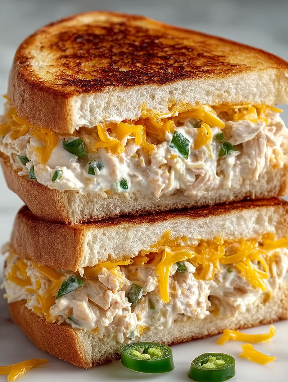 Two jalapeño cheddar tuna melts on a plate.