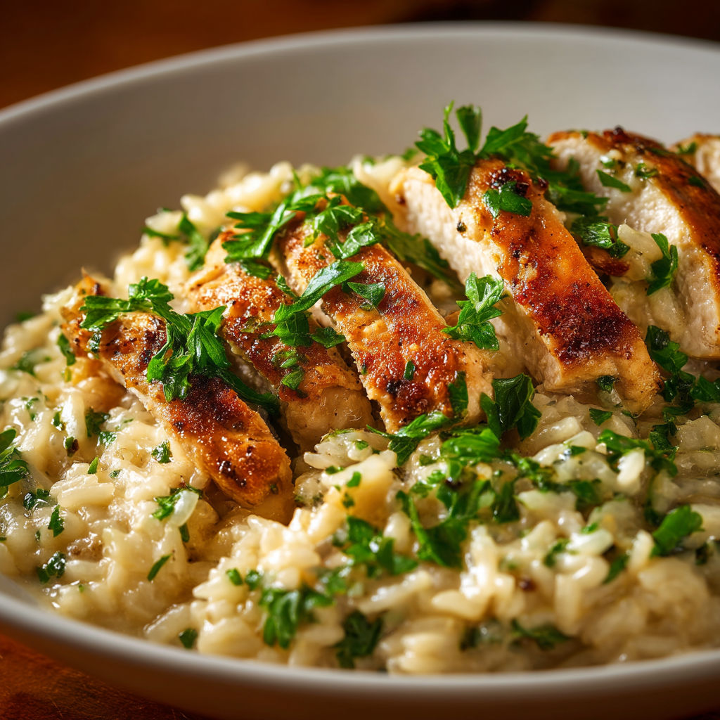 A bowl of rice with chicken and herbs.