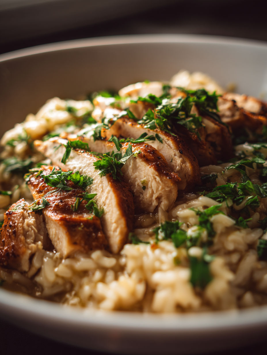 A bowl of rice with chicken and herbs.