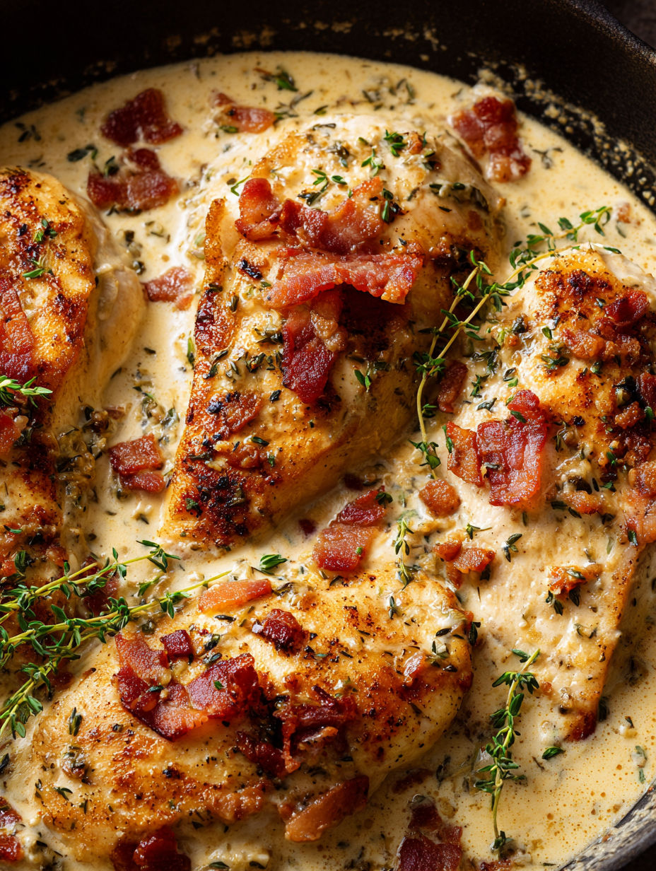 A dish of chicken covered in a creamy garlic parmesan sauce.