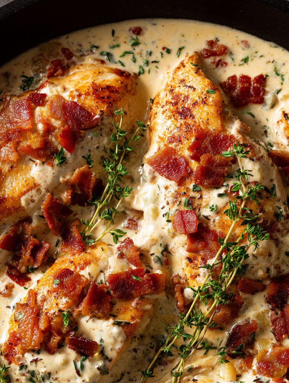 A dish of chicken covered in creamy garlic parmesan sauce.