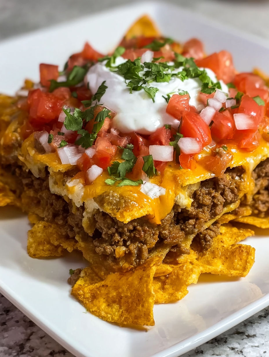 A plate of food with a cheesy Dorito Taco Casserole.