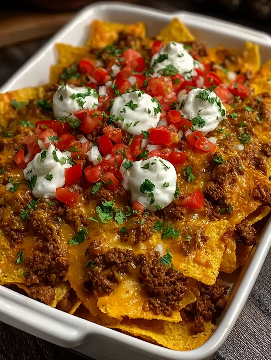 A cheesy Dorito taco casserole in a white bowl.