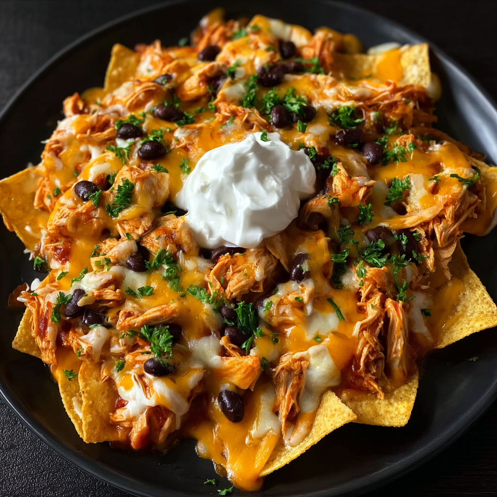 A plate of nachos with a dollop of sour cream on top.