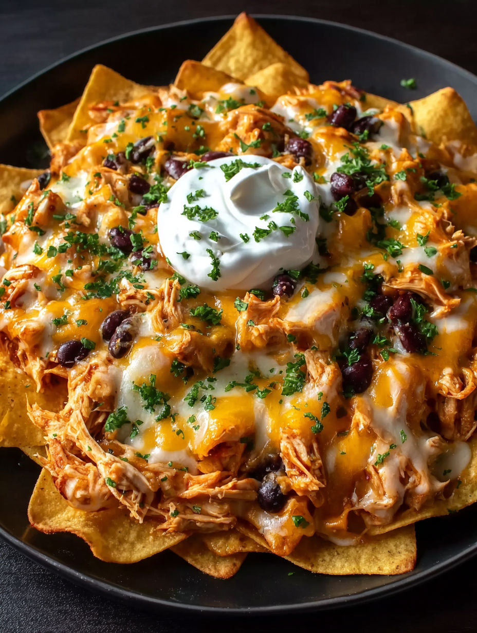 A plate of nachos with a dollop of sour cream on top.
