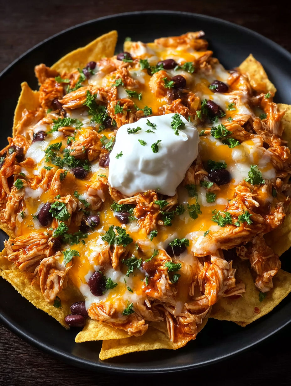 A plate of nachos with chicken and cheese.