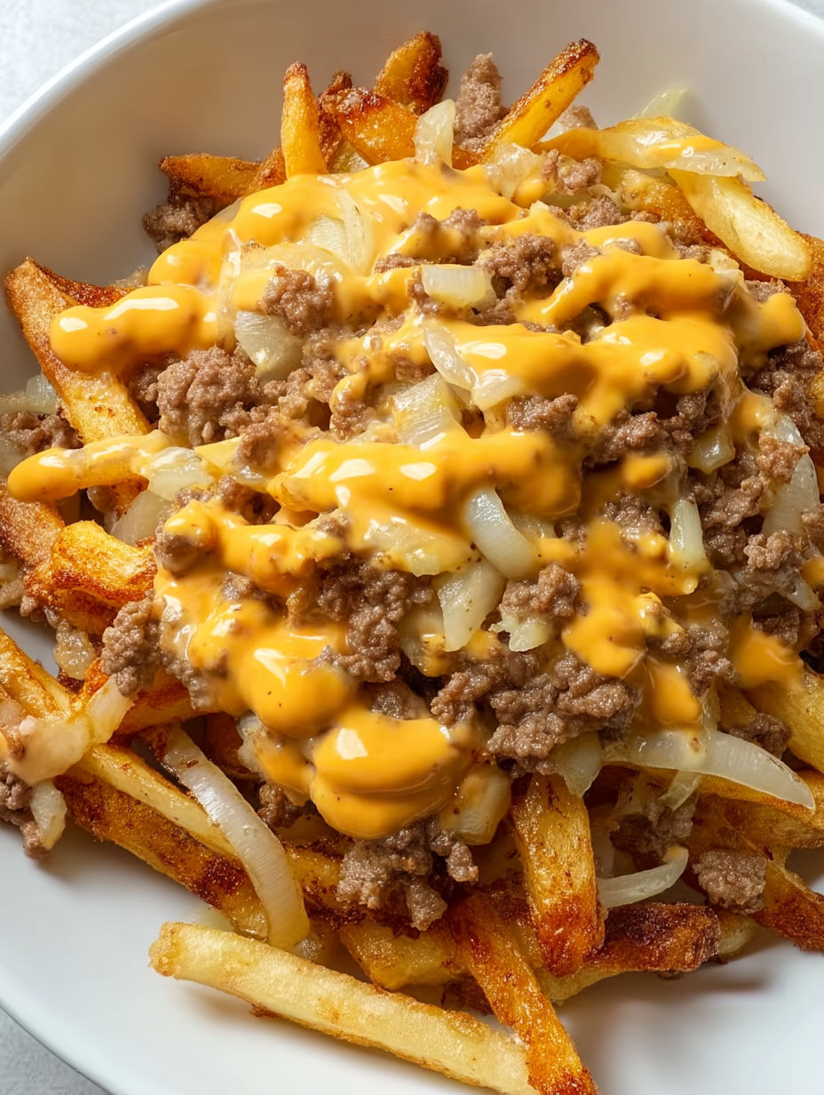 A plate of food with cheese and onions.