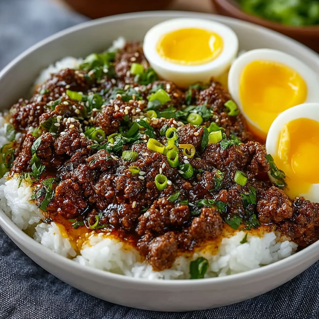 A bowl of food with eggs and meat.