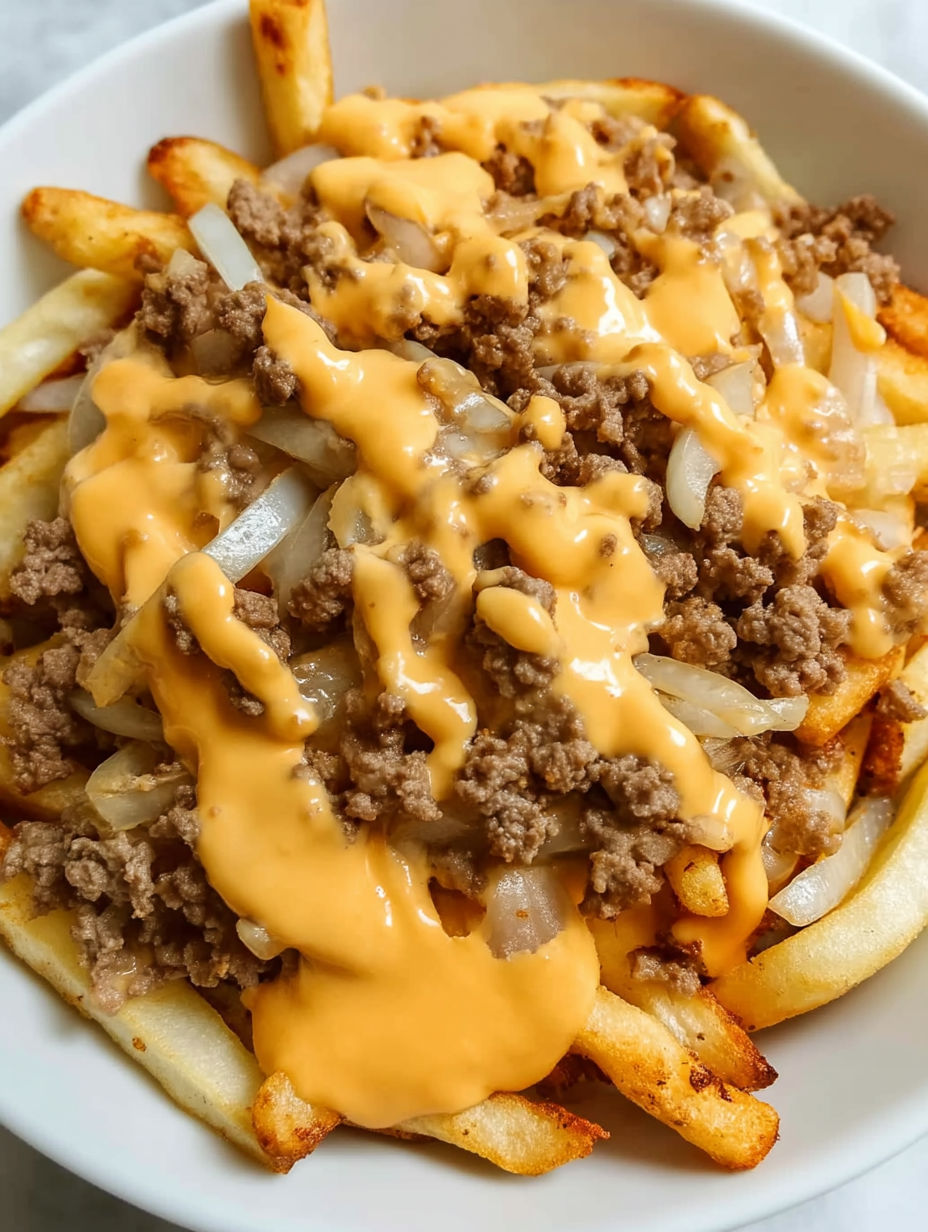A cheeseburger french fry casserole with cheese and onions.