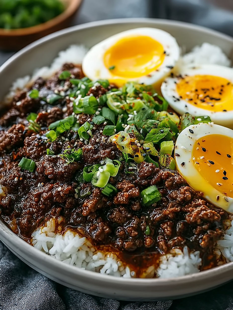 A bowl of food with two eggs on top.