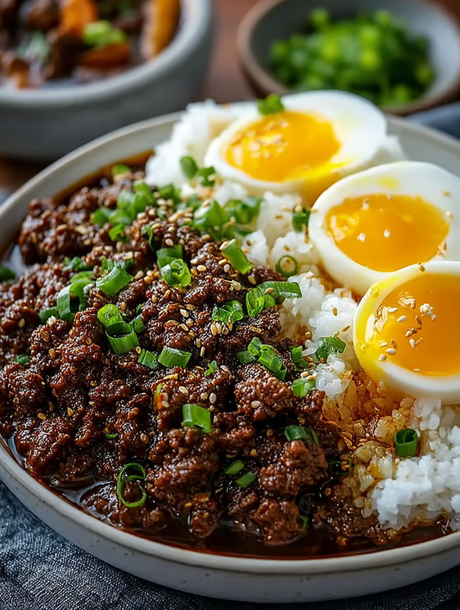 Two eggs in a bowl of food.