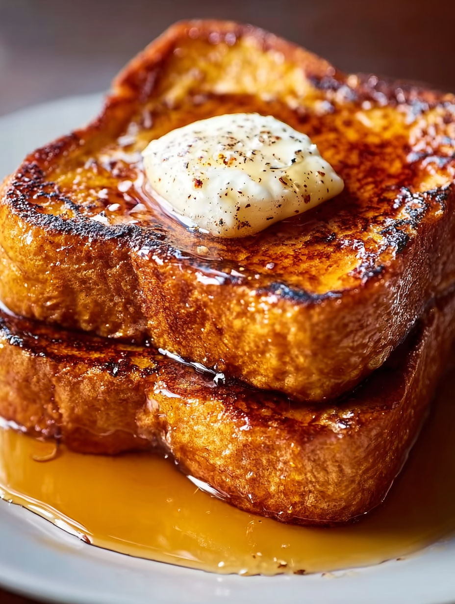 French toast with a dollop of butter and syrup.