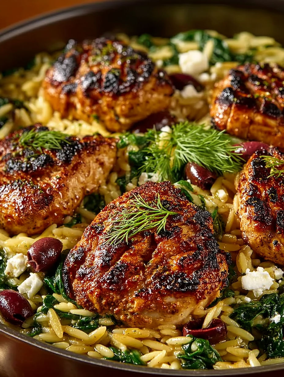 A delicious one-pan Greek chicken skillet with orzo.