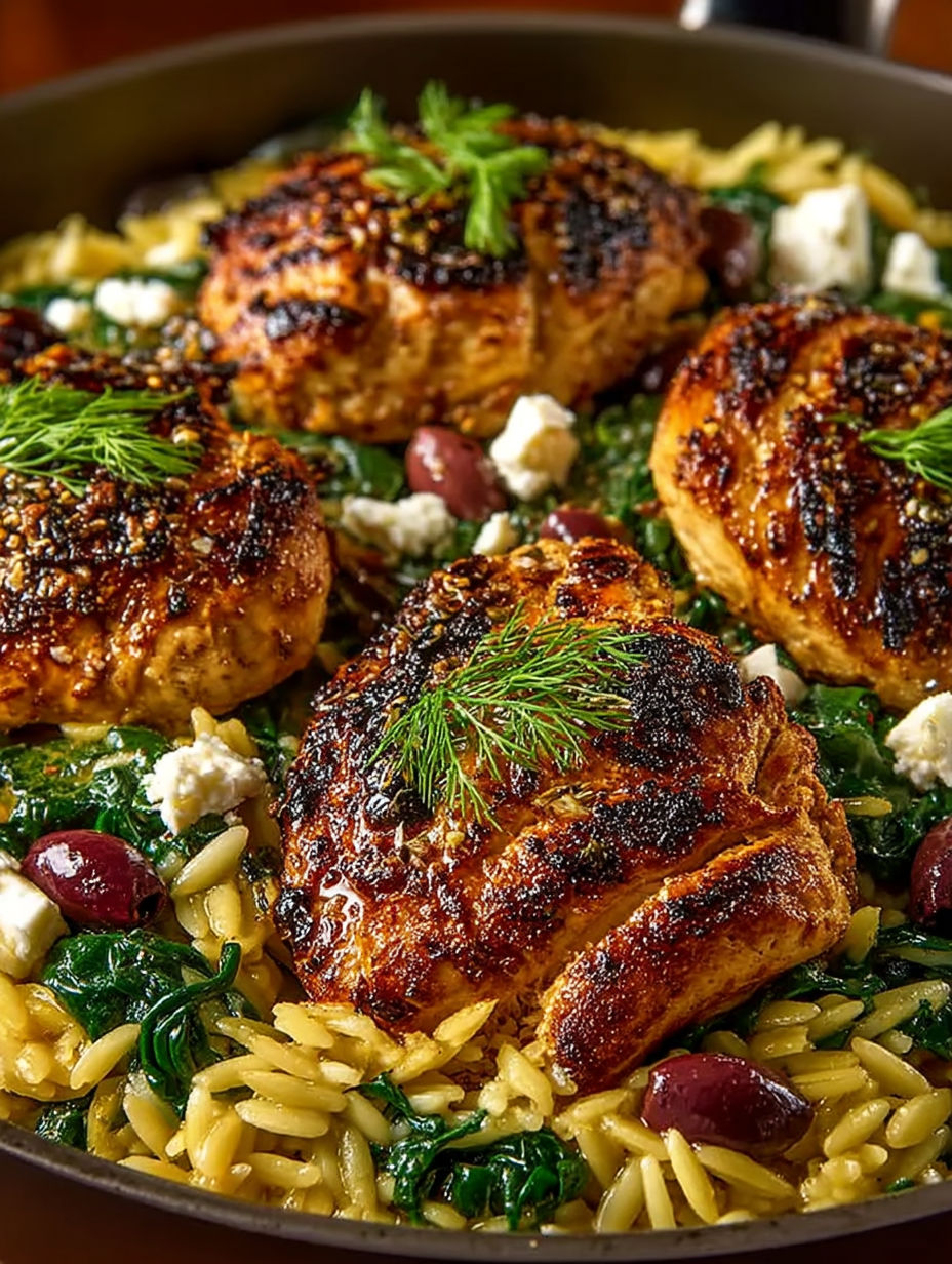 A delicious one-pan Greek chicken skillet with orzo.