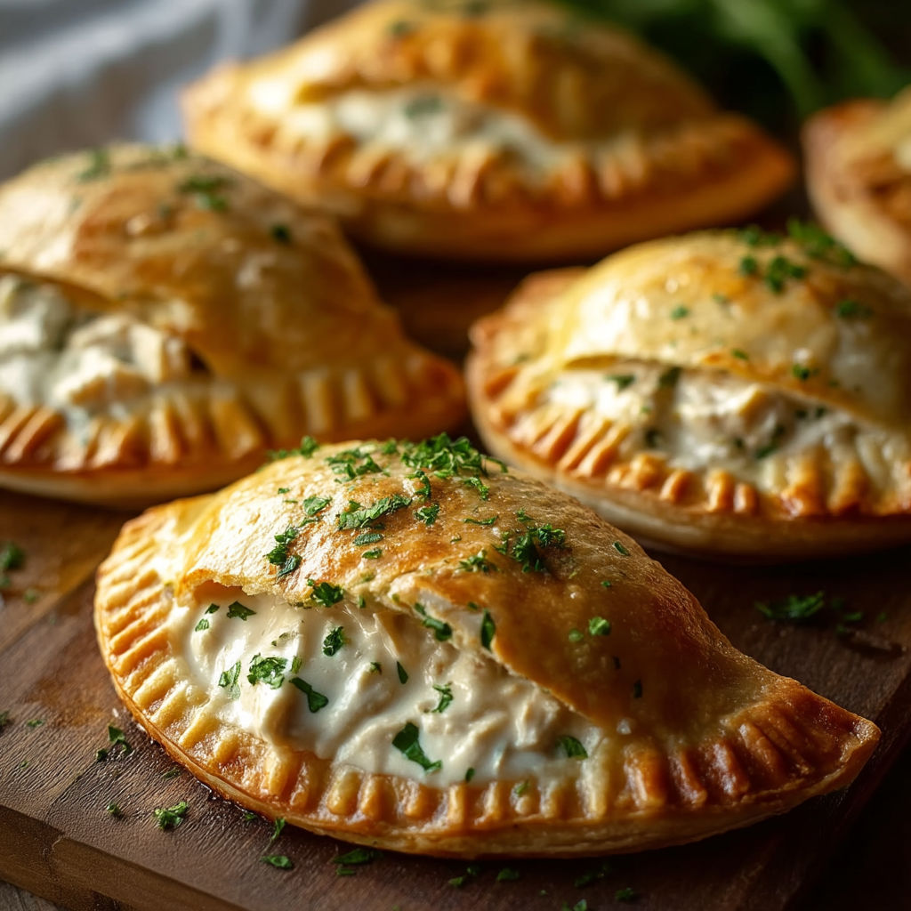 A plate of chicken Alfredo air fryer calzones.