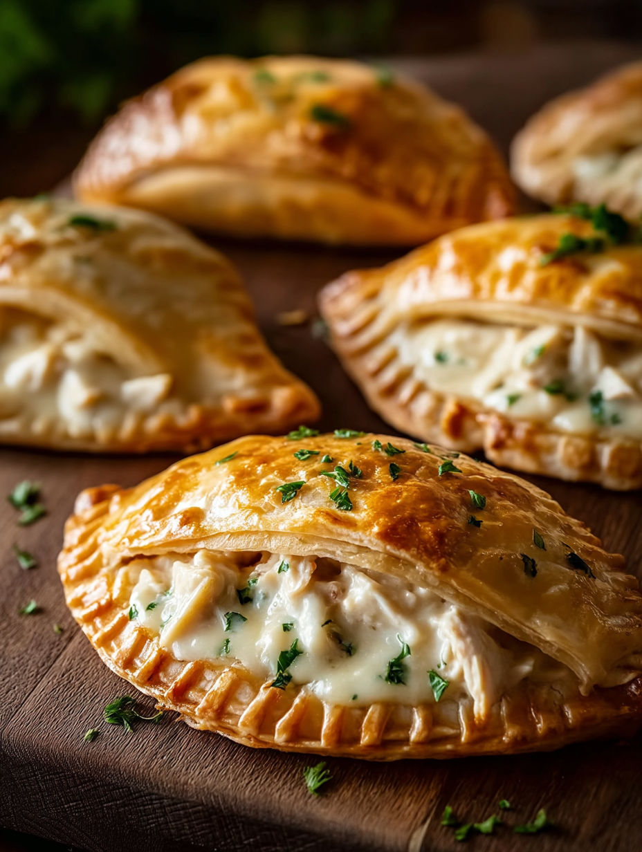 A close up of a chicken Alfredo air fryer calzone.