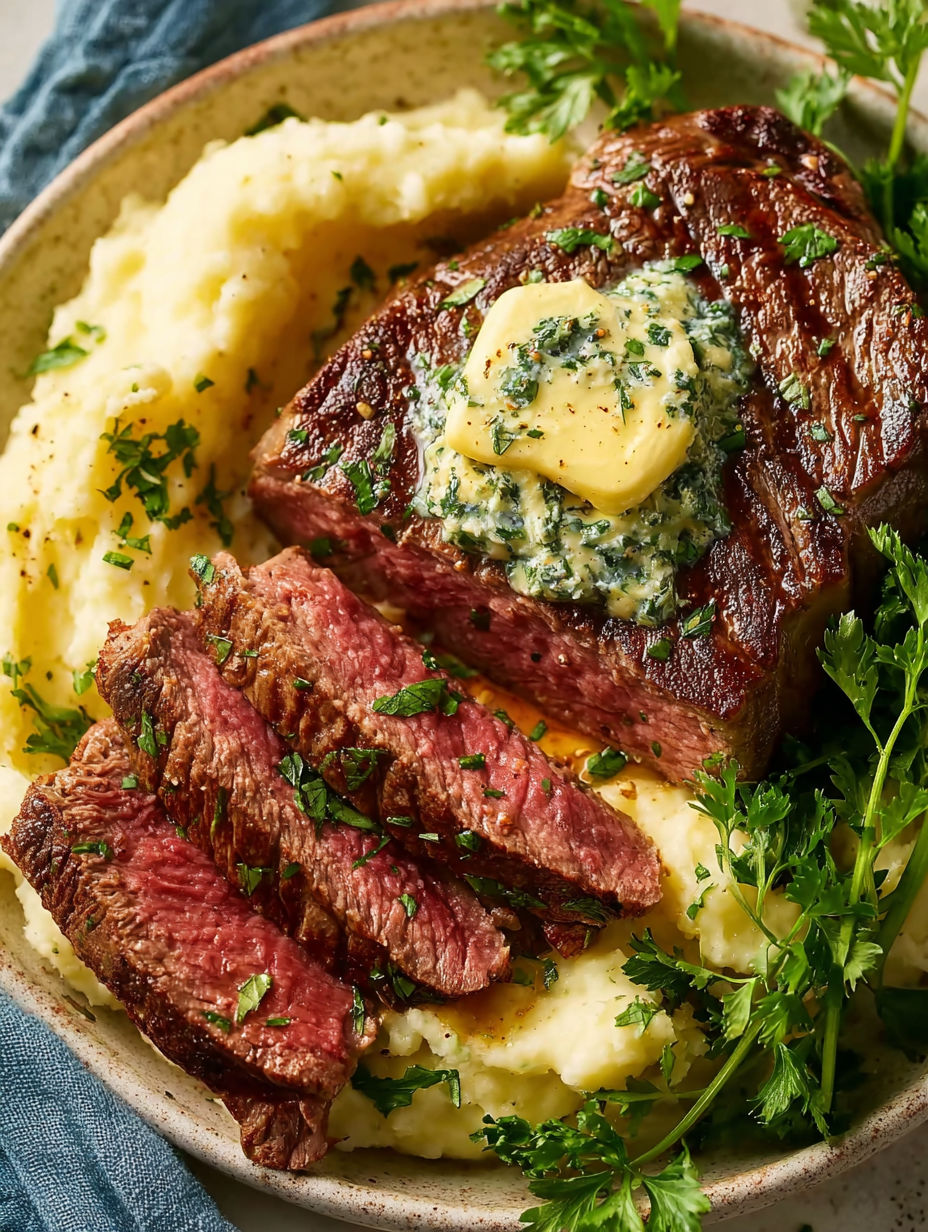 A piece of steak with a pat of butter on top.