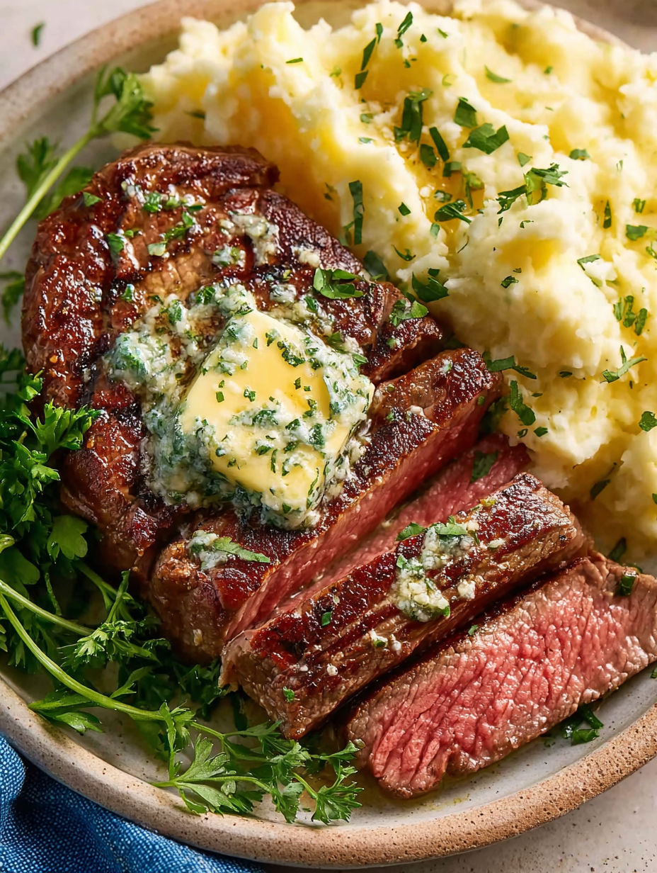A piece of steak with butter on top.