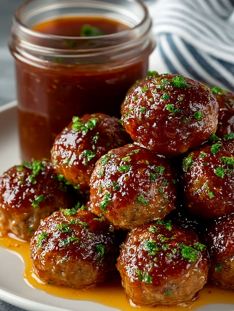 A plate of meatballs with a jar of hot pepper jelly.