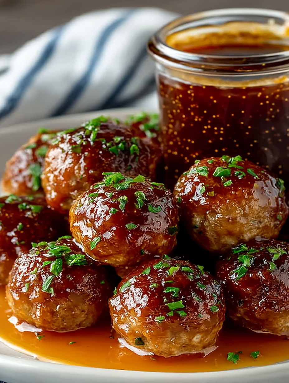 A plate of meatballs with a jar of hot pepper jelly.