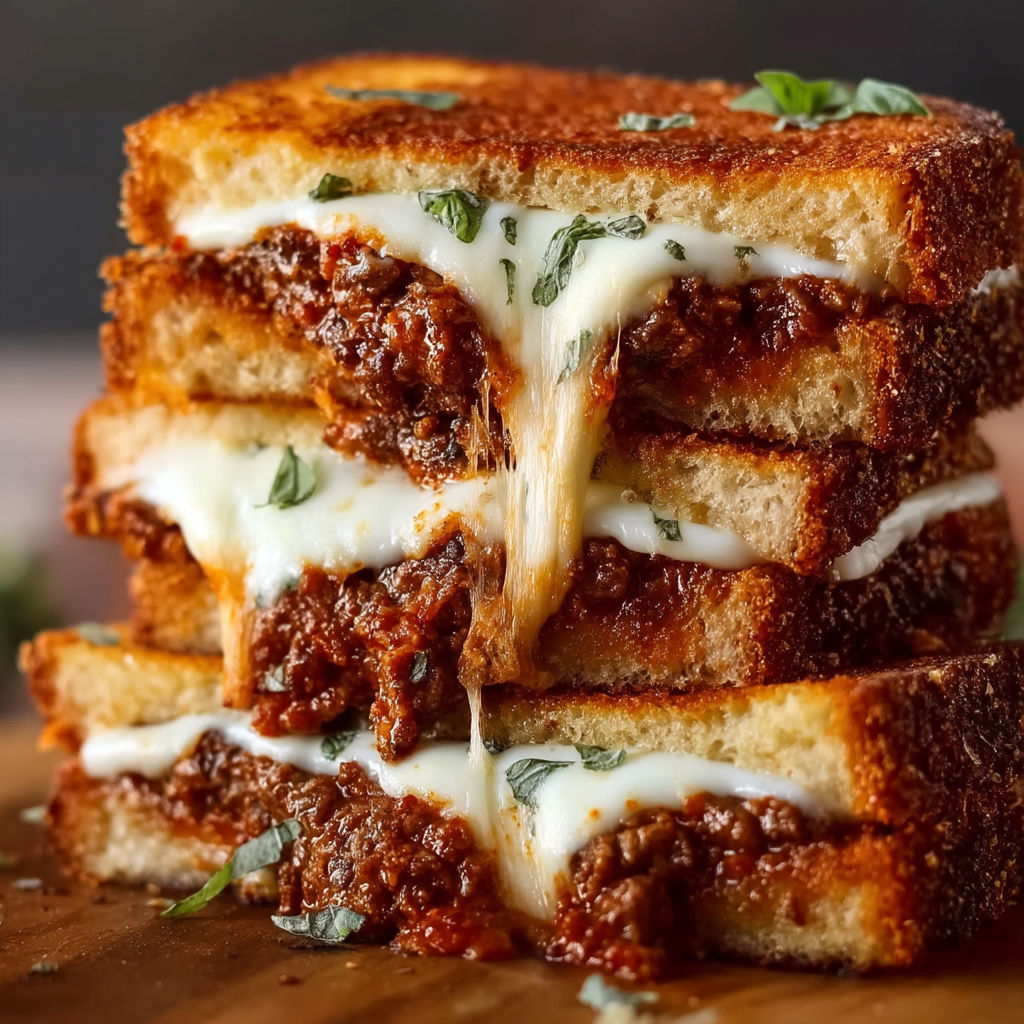 A stack of grilled cheese sandwiches with meat in between.