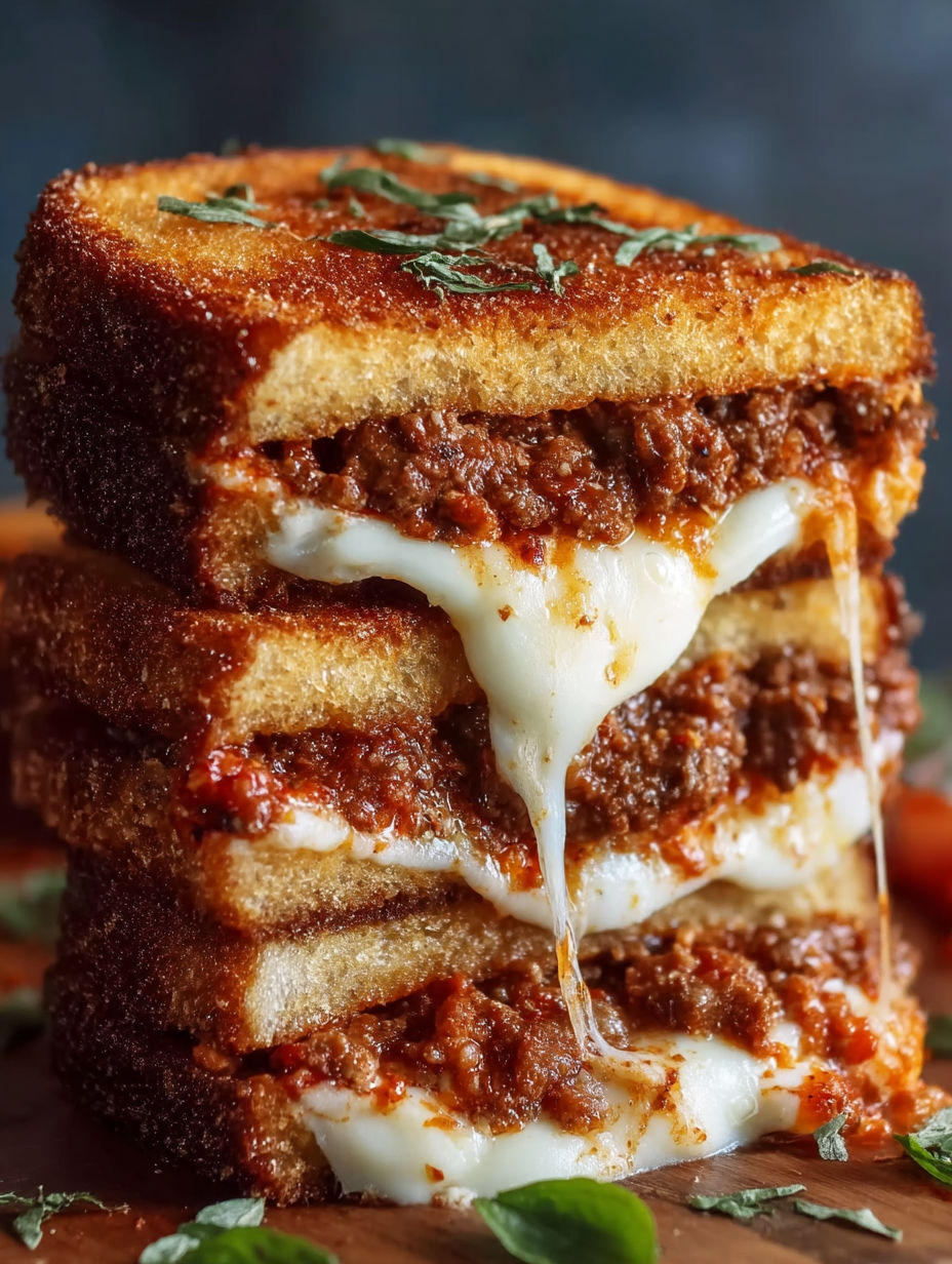 A stack of grilled cheese sandwiches with meat sauce.