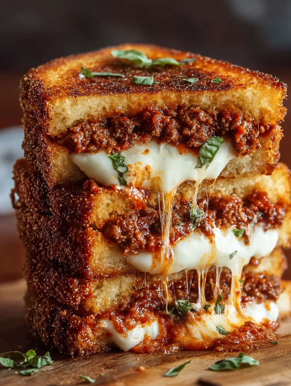 A grilled cheese sandwich with meat sauce on top.