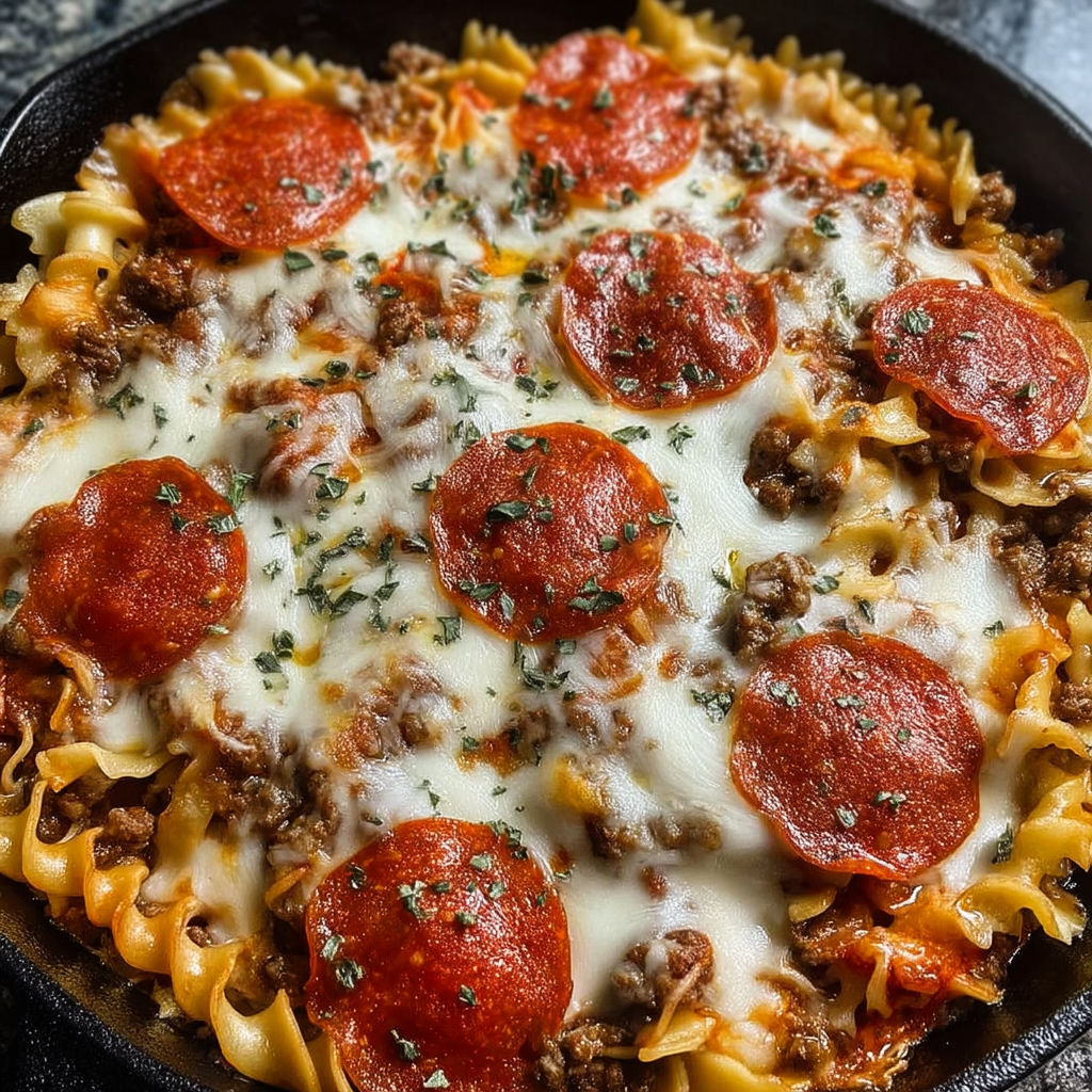 A skillet bake with pepperoni and cheese.