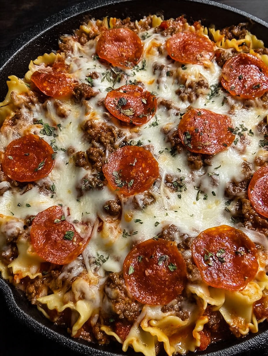 A skillet bake with pepperoni and cheese.