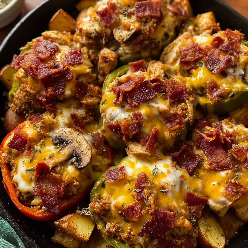A plate of food with peppers and mushrooms.