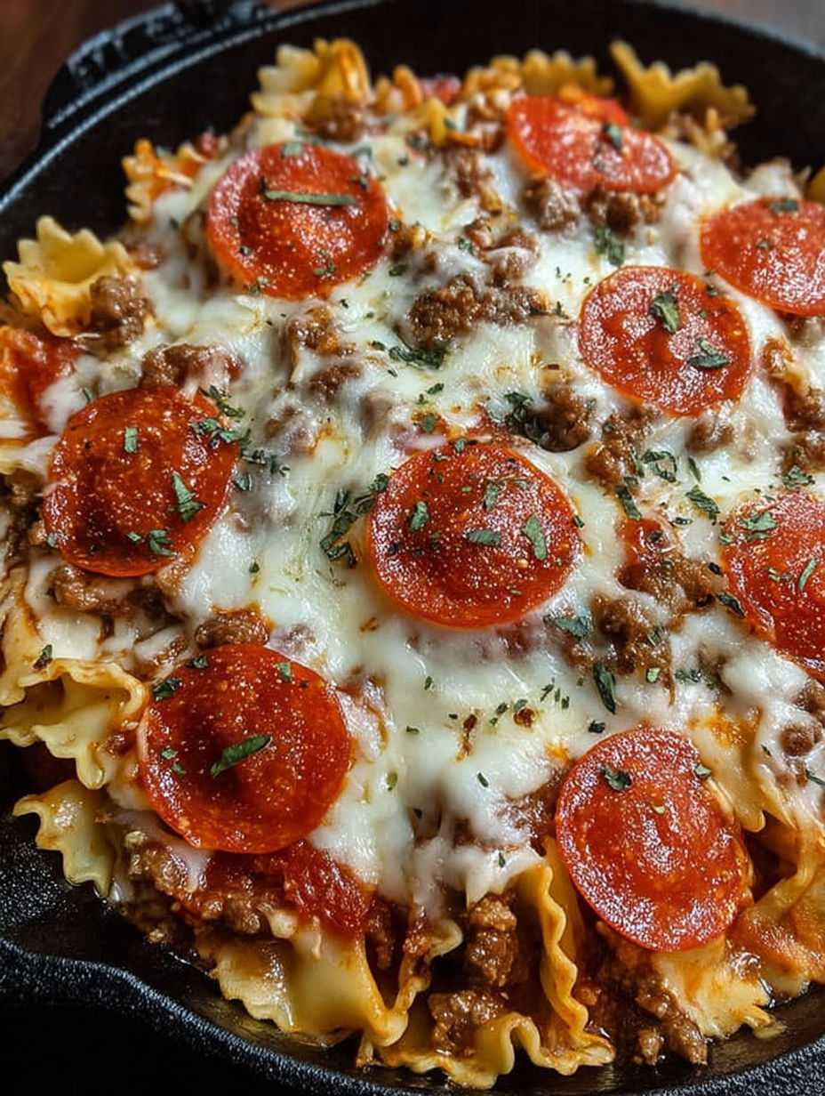 A skillet bake with pepperoni and cheese.