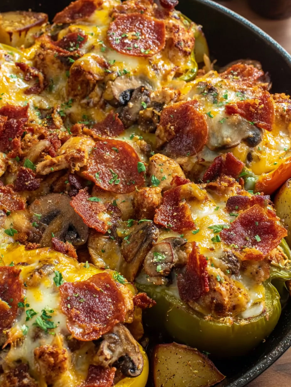 A close up of a pizza stuffed pepper dinner.