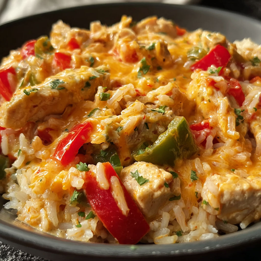 A bowl of rice with chicken and peppers.
