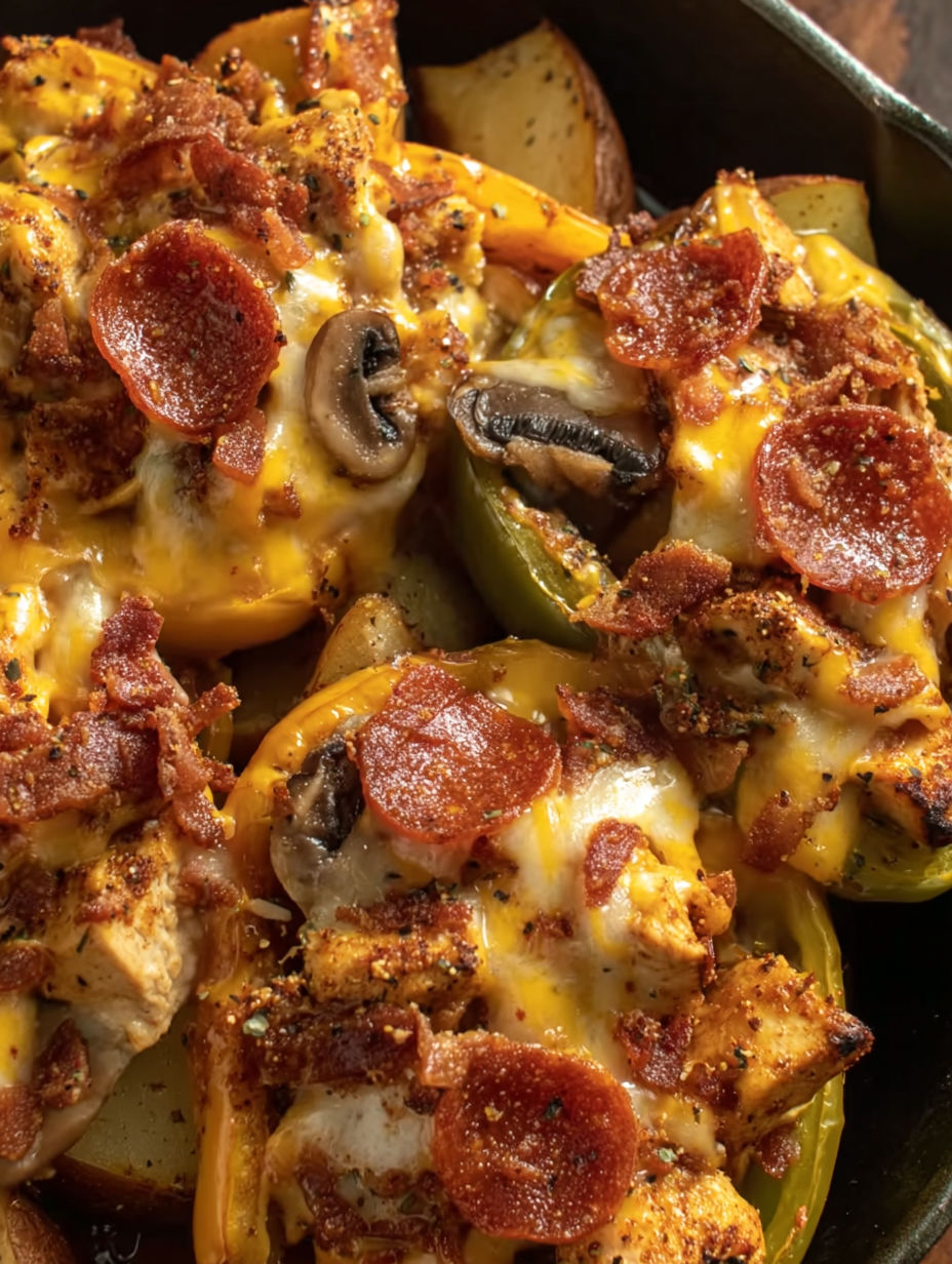 A plate of food with peppers and mushrooms.