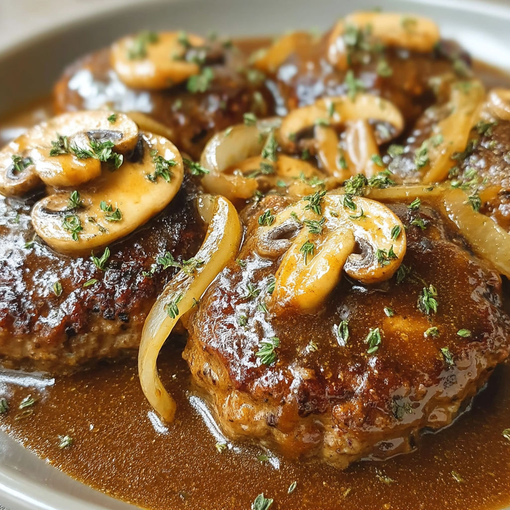 Hamburger steaks in brown gravy.