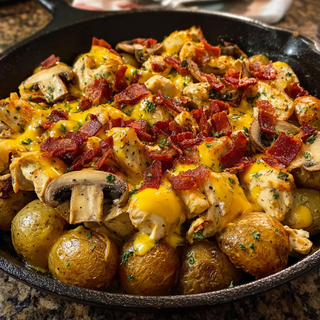 A dish of chicken and potatoes with mushrooms.