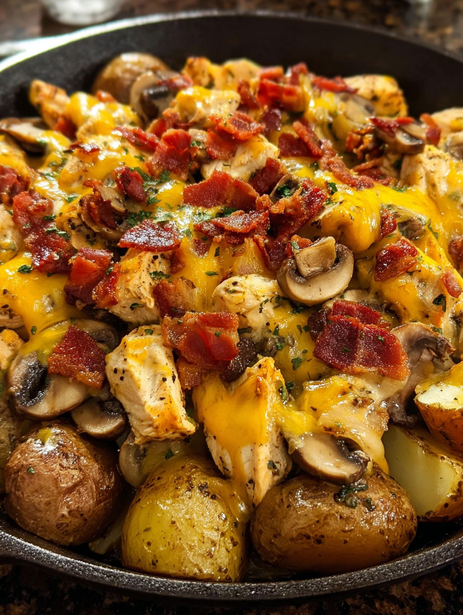 A delicious meal of chicken, potatoes, and mushrooms.