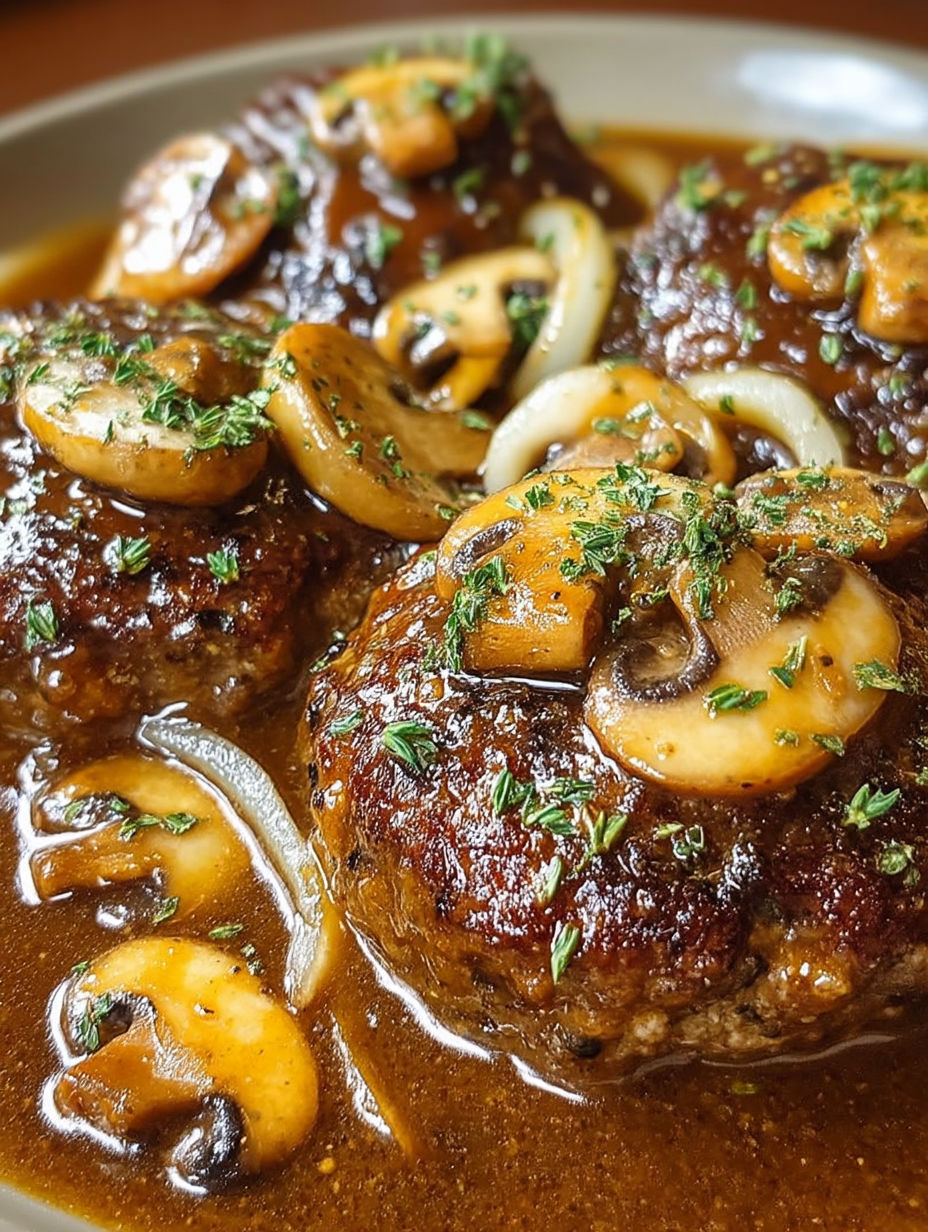 A close up of a meatball covered in mushrooms and gravy.
