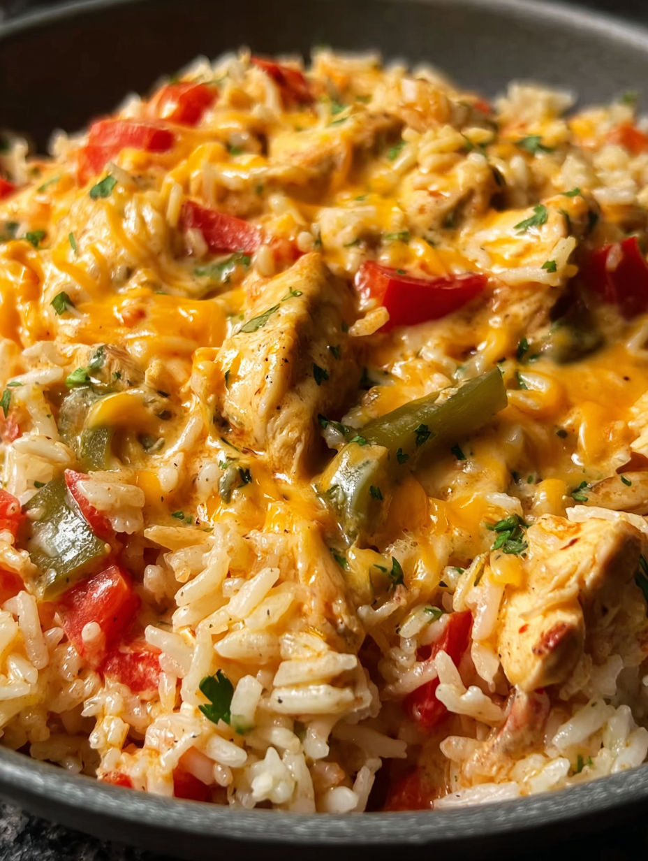 A delicious meal of chicken fajita with rice and peppers.